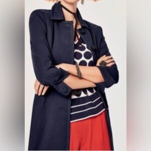 Cabi Carriage Navy Dot Stripe Detail Button Up Pockets Knit 3/4 Sleeve Jacket